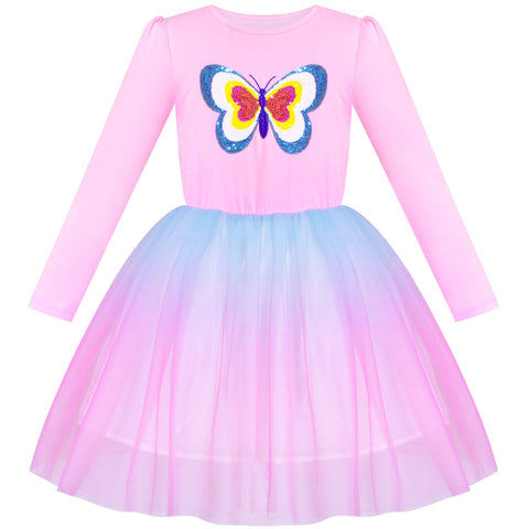 Girls Dress Blue Butterfly Sparkling Sequins Gradient Color Tulle Size 4-8 Years