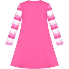 Girls Dress Pink Long Sleeve Heart Pocket Striped Casual Cotton Size 3-8 Years