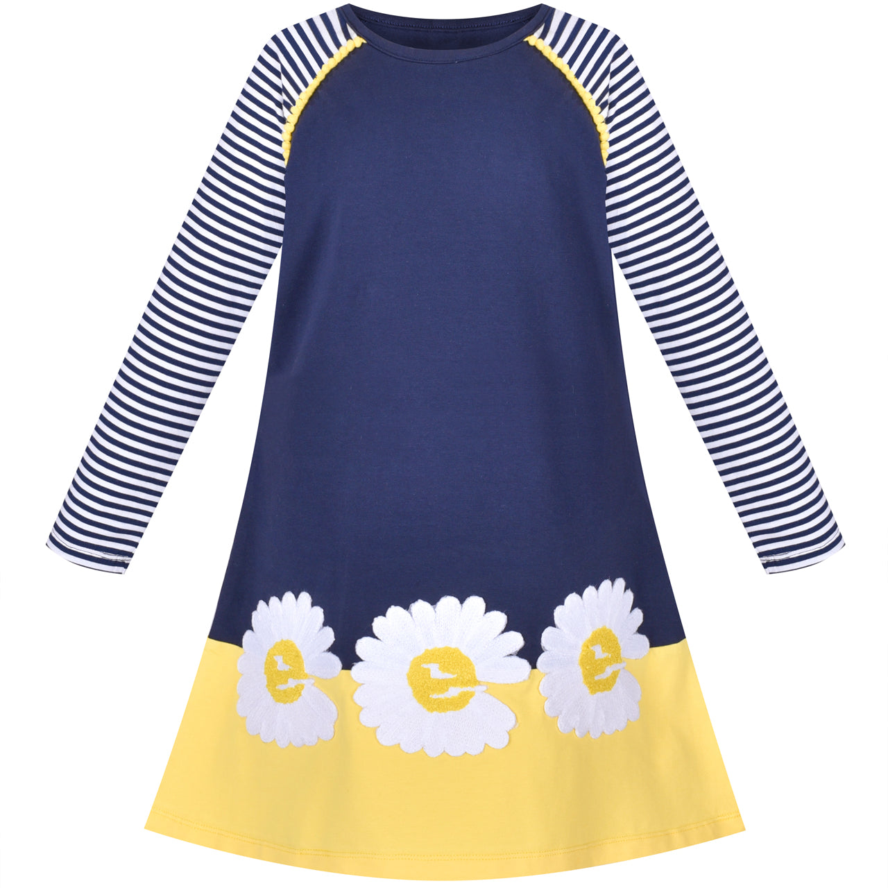 Girls Dress Long Sleeve Daisy Flower Striped Casual Cotton Size 3-12 Years