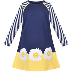 Girls Dress Long Sleeve Daisy Flower Striped Casual Cotton Size 3-8 Years