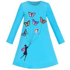 Girls Dress Long Sleeve Blue Butterfly Embroidered Casual Size 3-8 Years
