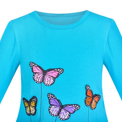 Girls Dress Long Sleeve Blue Butterfly Embroidered Casual Size 3-8 Years
