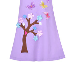 Girls Dress Long Sleeve Purple Butterfly Tree Embroidered Casual Size 3-8 Years