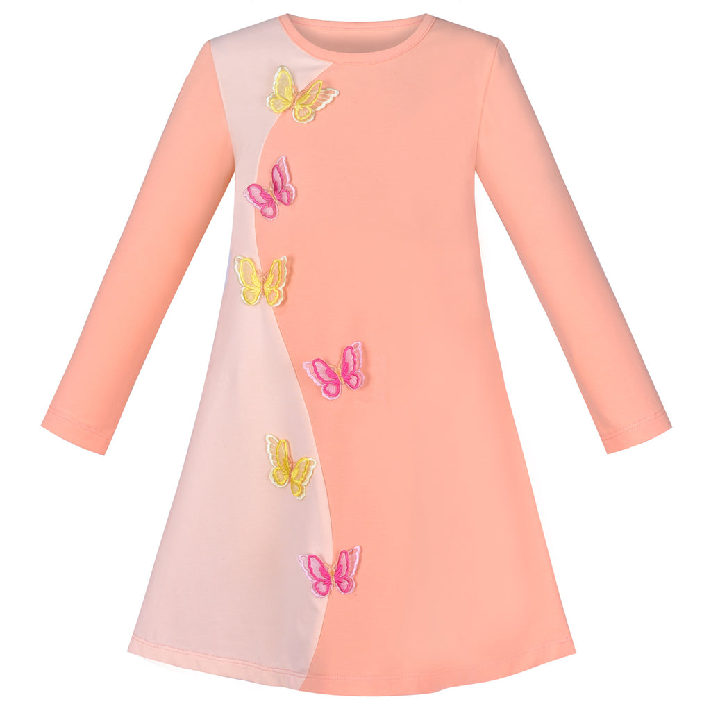 Girls Dress Long Sleeve Butterfly Color Contrast Casual Everyday Wearing Size 3-8 Years
