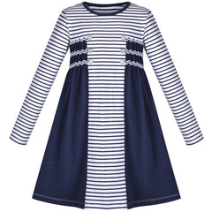 Girls Dress Long Sleeve Navy Blue Striped Cotton Casual Size 3-8 Years