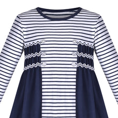 Girls Dress Long Sleeve Navy Blue Striped Cotton Casual Size 3-8 Years