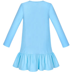 Girls Dress Long Sleeve Cotton Casual Blue Heart Ruffle Trim Size 3-7 Years