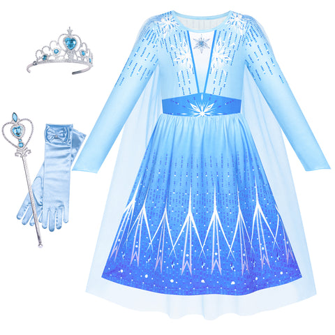 Girls Dress Snow Queen Ice Princess Birthday Crown Magic Wand Size 4-8 Years