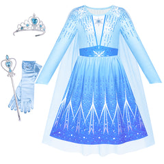 Girls Dress Snow Queen Ice Princess Birthday Crown Magic Wand Size 4-8 Years