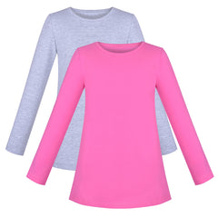 2 Packs Girls Top Tee Shirt Long Sleeve Gray Pink School Uniform Size 4-10 Years