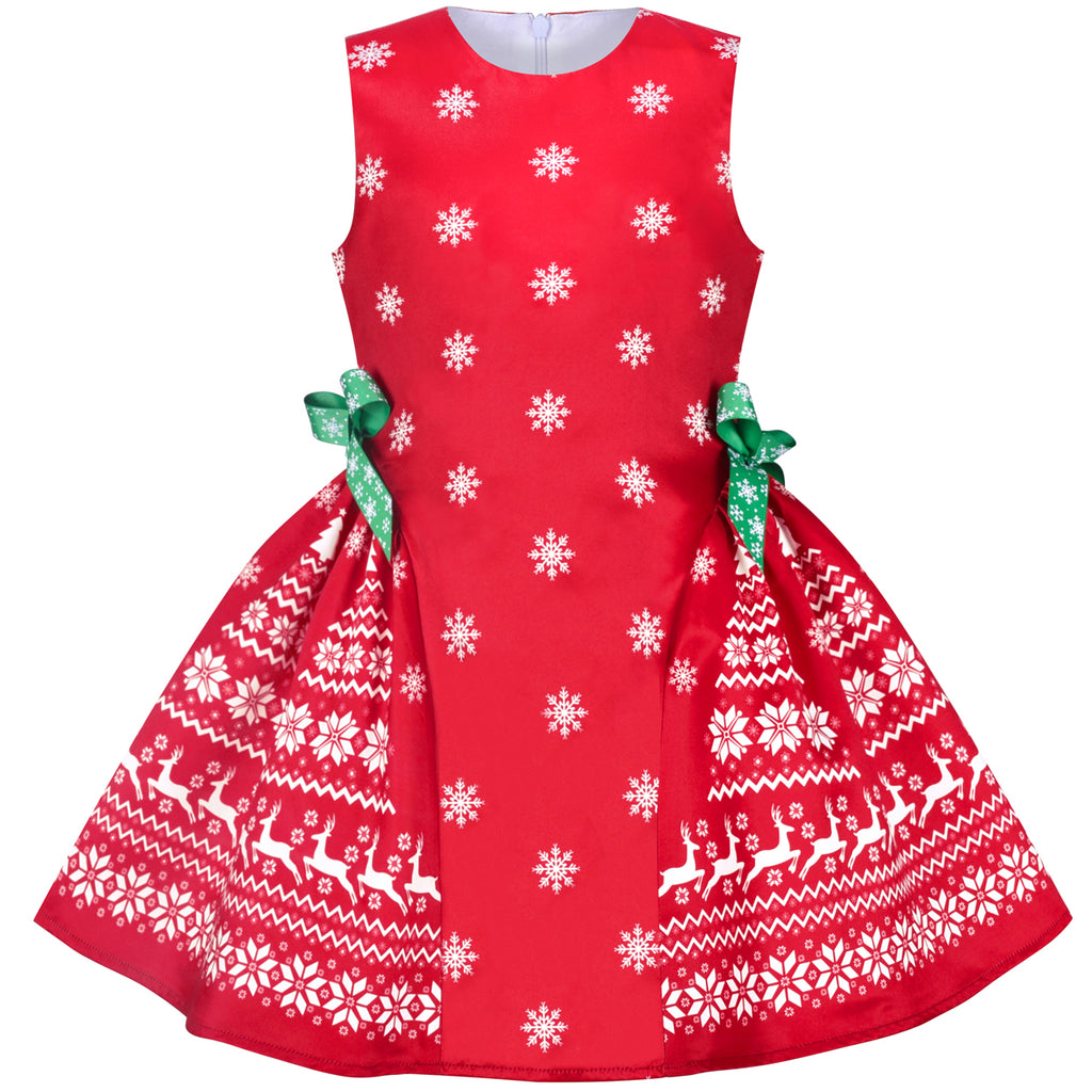 Girls Dress Red Reindeer Snowflakes Christmas Party Holiday Size 4-8 Years