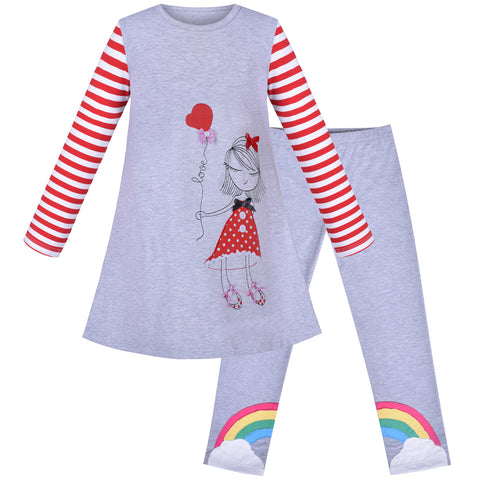 Girls Outfit Set Cotton Embroidered Princess Dress Rainbow Leggings Size 3-6 Years