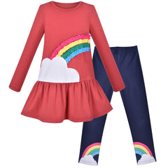 Girls Outfit Set 2 Piece Cotton Rainbow Dress Leggings Top Pants Size 3-6 Years