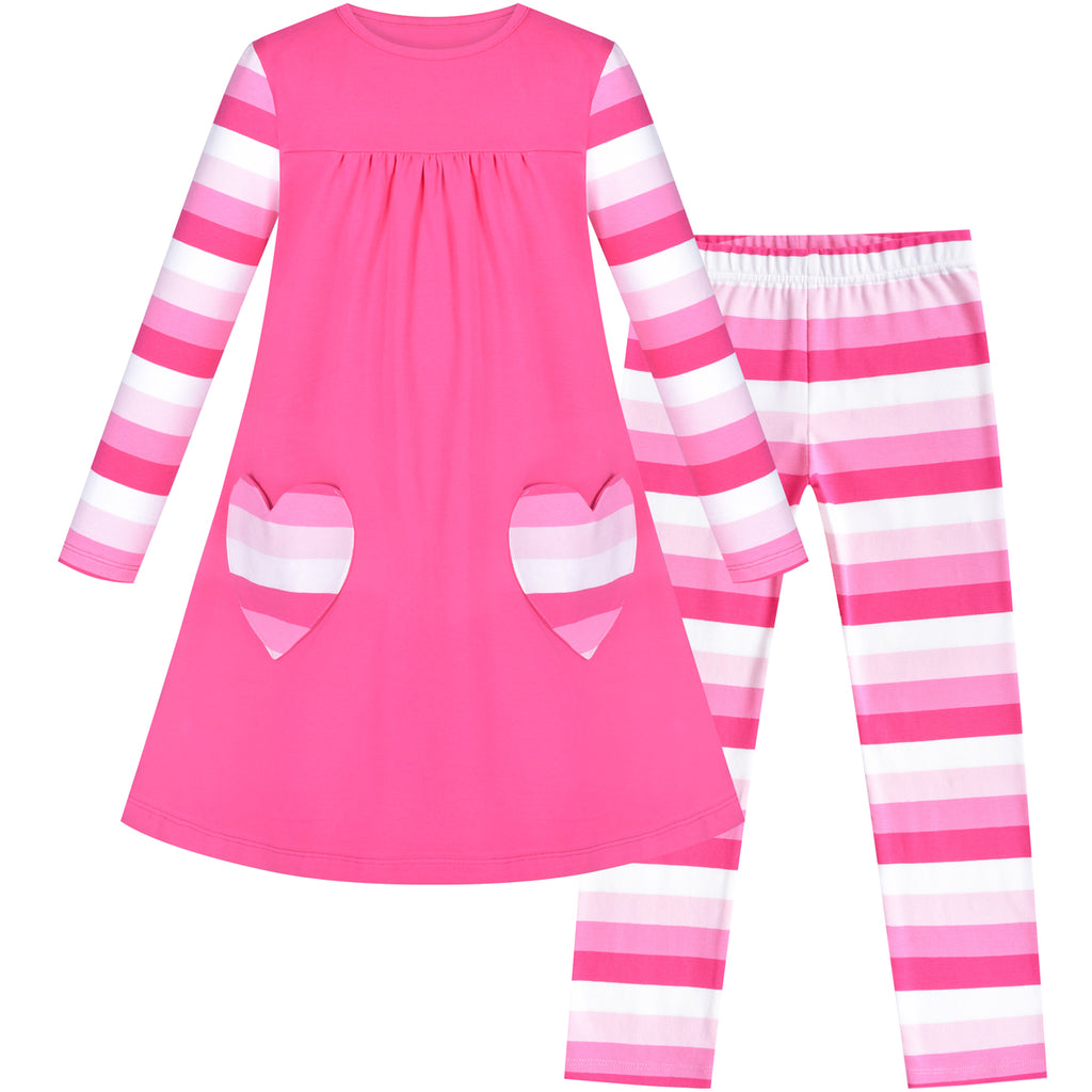 Girls Outfit 2 Piece Set Cotton Heart Shape Pocket Dress Leggings Size 3-8 Years