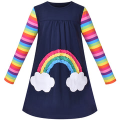 Girls Outfit Set Cotton Dress Leggings Rainbow Striped Cloud Pocket Size 3-7 Years