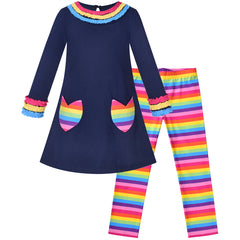 Girls Outfit Set Cotton Dress Leggings Rainbow Striped Flower Pocket Size 3-7 Years