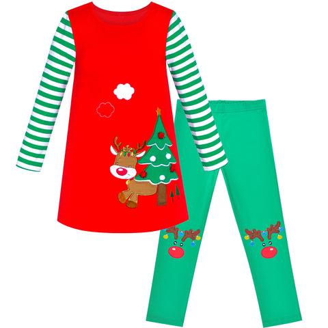Girls Outfit Set Cotton Dress Leggings Reindeer Christmas Gift Size 2-6 Years