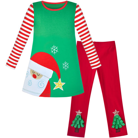 Girls Outfit Set 2 Piece Cotton Dress Leggings Santa Christmas Gift Size 2-6 Years