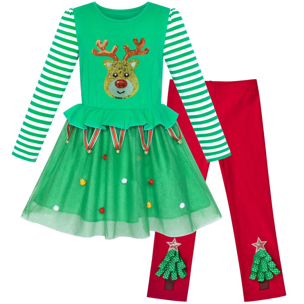 Girls Outfit Set Cotton Dress Leggings Jingle Bell Christmas Tree