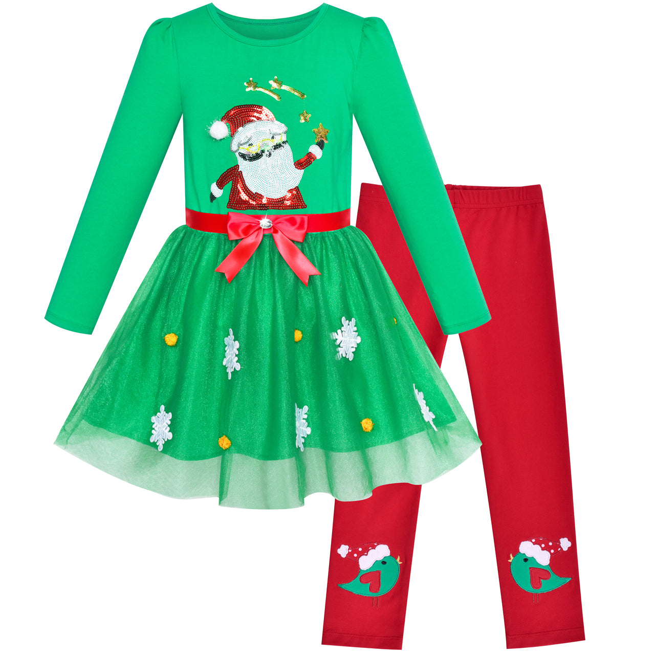 Girls Outfit Set Cotton Dress Leggings Santa Christmas Gift Size 2-8 Years
