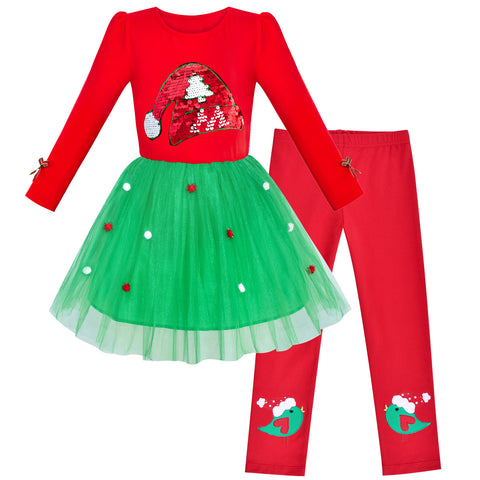 Girls Outfit Set Cotton Dress Leggings Santa Hat Christmas Gift Size 4-6 Years