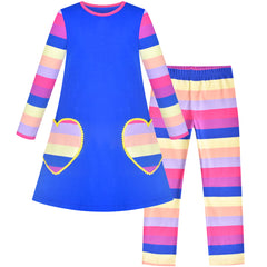 Girls Outfit 2 Piece Set Cotton Heart Striped Rainbow Dress Leggings Size 3-8 Years
