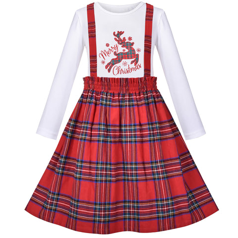 2 Piece Set Girls T-Shirt Suspender Skirt Christmas Red Checkered Reindeer  Size 4-10 Years