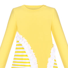 Girls Dress Yellow Long Sleeve Color Contrast Striped Casual Cotton Size 3-8 Years