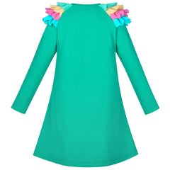Girls Dress Turquoise Long Sleeve Ruffle Shoulder Casual Cotton Size 3-8 Years