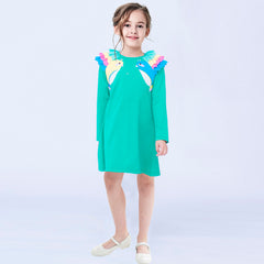 Girls Dress Turquoise Long Sleeve Ruffle Shoulder Casual Cotton Size 3-8 Years