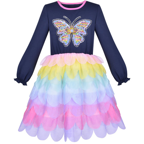Girls Dress Butterfly Long Sleeve Rainbow Ruffle Skirt Size 8-10 Years