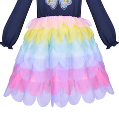 Girls Dress Butterfly Long Sleeve Rainbow Ruffle Skirt Size 8-10 Years