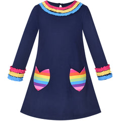 Girls Dress Rainbow Flower Pocket Long Sleeve Cotton Casual Size 3-8 Years