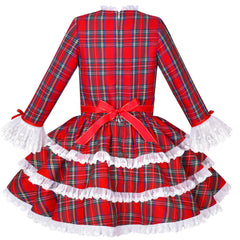 Girls Dress Red Checkered Lace Ruffle Skirt Long Sleeve Christmas Size 4-8 Years
