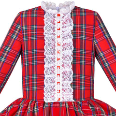 Girls Dress Red Checkered Lace Ruffle Skirt Long Sleeve Christmas Size 4-8 Years