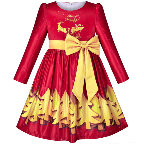 Girls Dress Christmas Red Gold Tree Reindeer New Year Party Size 5-10 Years
