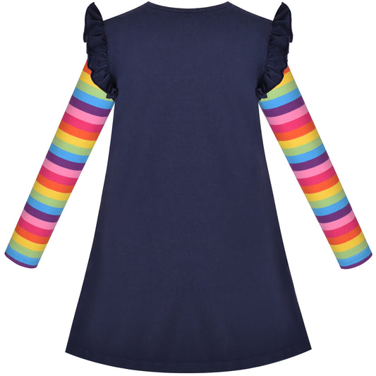 Girls Dress Colorful Daisy Flower Rainbow Long Sleeve Cotton Size 3-12 Years