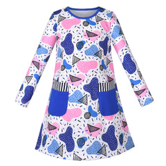 Girls Dress Long Sleeve Cute Blue Pocket Casual Cotton Size 3-7 Years