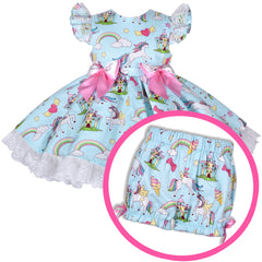 Girls Dress Blue Spanish Princess Rainbow Unicorn Shorts Set Size 3-6 Years