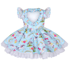 Girls Dress Blue Spanish Princess Rainbow Unicorn Shorts Set Size 3-6 Years