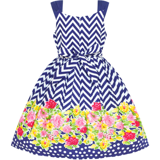 Girls Dress Water Ripple Flower Tank Vintage Dress Size 4-12 Years