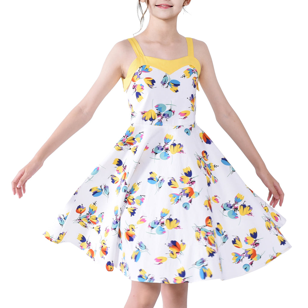 Girls Vintage Dress Retro 50s Rockabilly Swing White Flower Size 6-12 Years