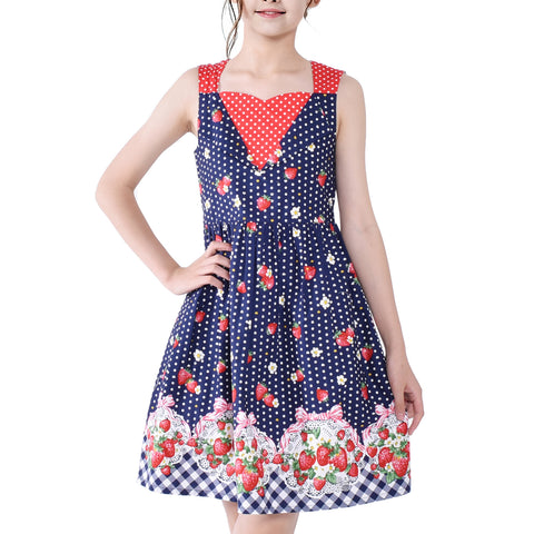 Girls Dress Navy Blue 50s Vintage Dress Strawberry Polka Dot Size 6-12 Years