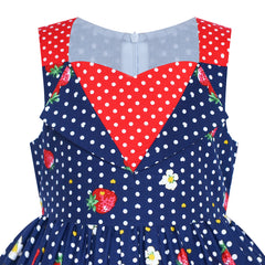 Girls Dress Navy Blue 50s Vintage Dress Strawberry Polka Dot Size 6-12 Years