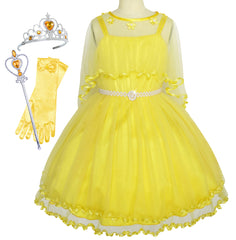 Flower Girls Dress Pearl Belt Yellow Wedding Party Crown Magic Wand Size 3-14 Years