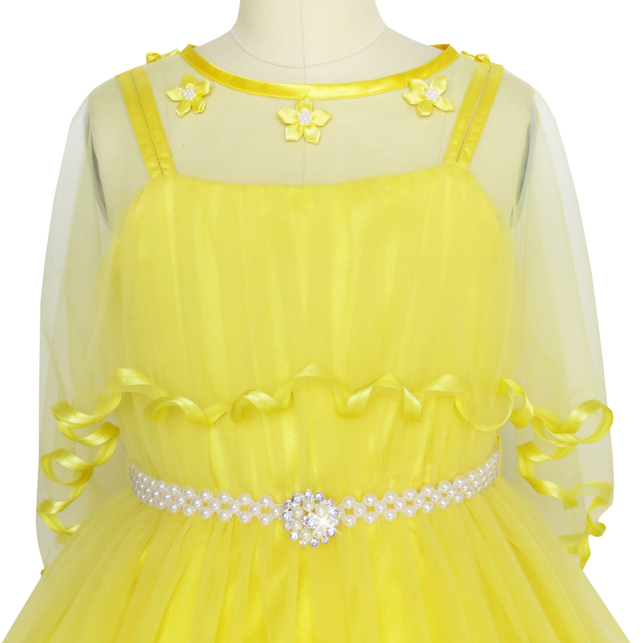 Flower Girls Dress Pearl Belt Yellow Wedding Party Crown Magic Wand Size 3-14 Years