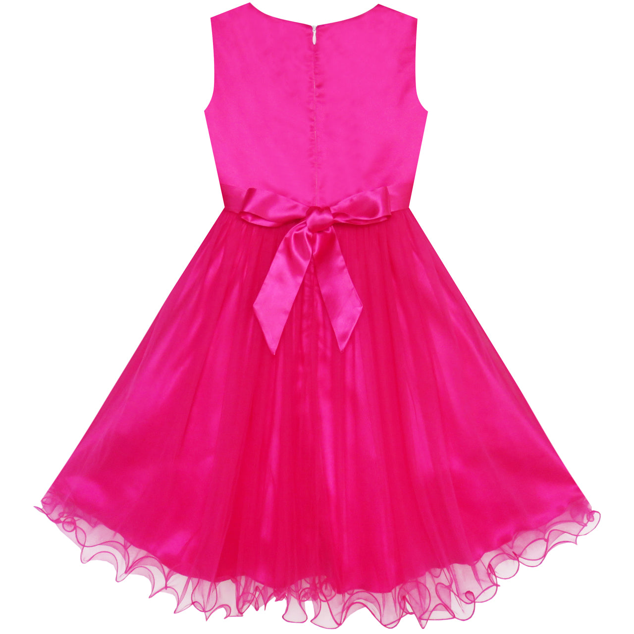 Flower Girls Dress Hot Pink Crown Gloves Lace Pearl Pageant Wedding Size 3-12 Years