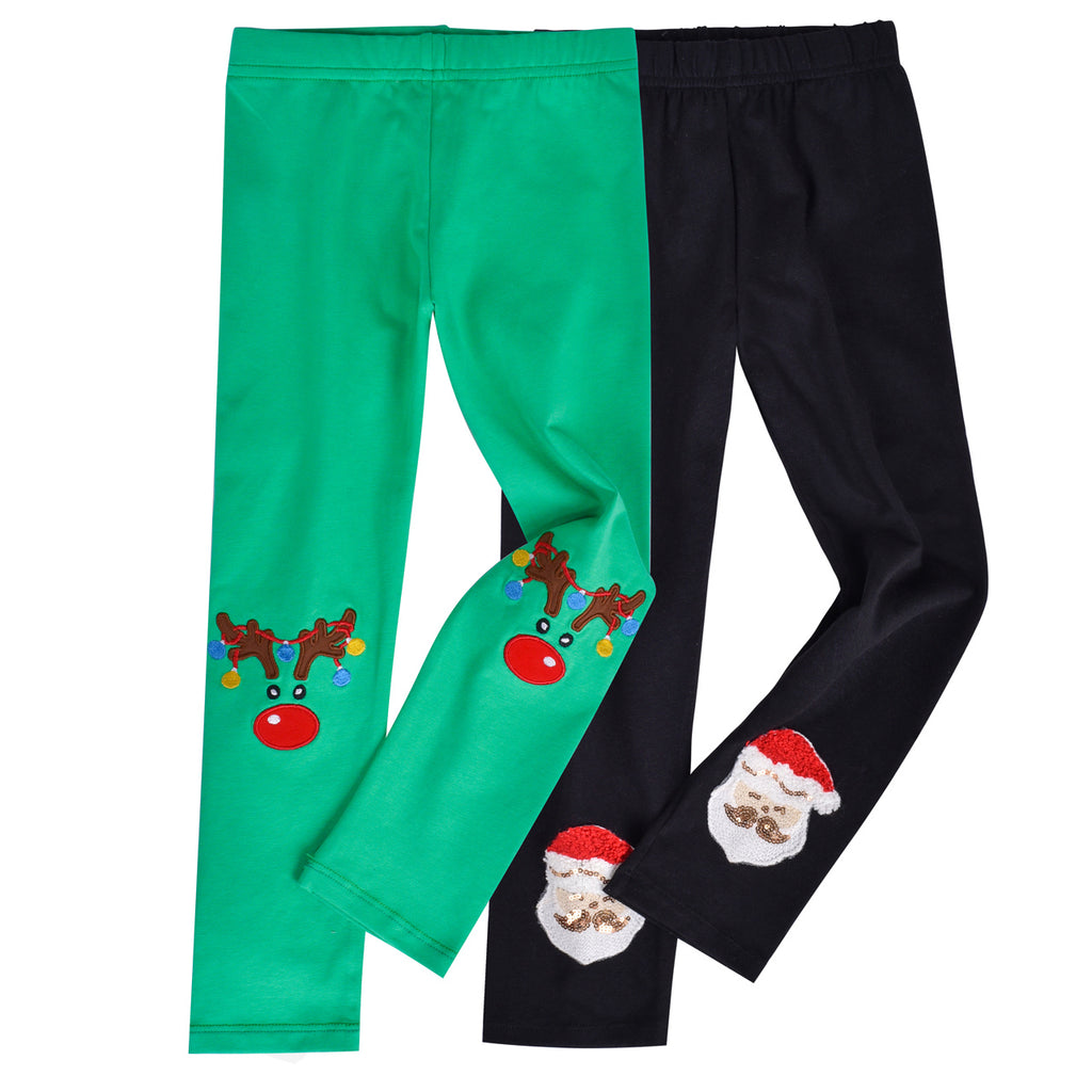 Girls Pants 2-Pack Cotton Leggings Christmas Reindeer Santa Kids