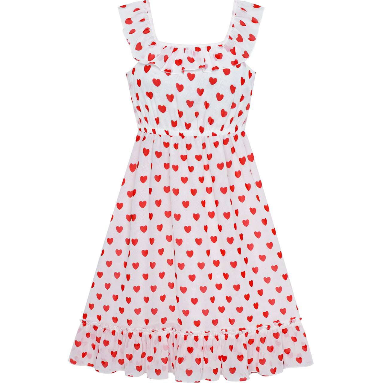 Sunny Fashion Girls Red Heart Chiffon Party Dress with Pleated Trim
