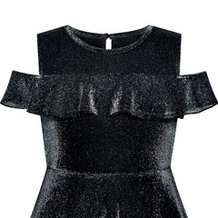 Girls Dress Off Shoulder Black Sparkling Ruffle Shoulder Casual Size 6-12 Years